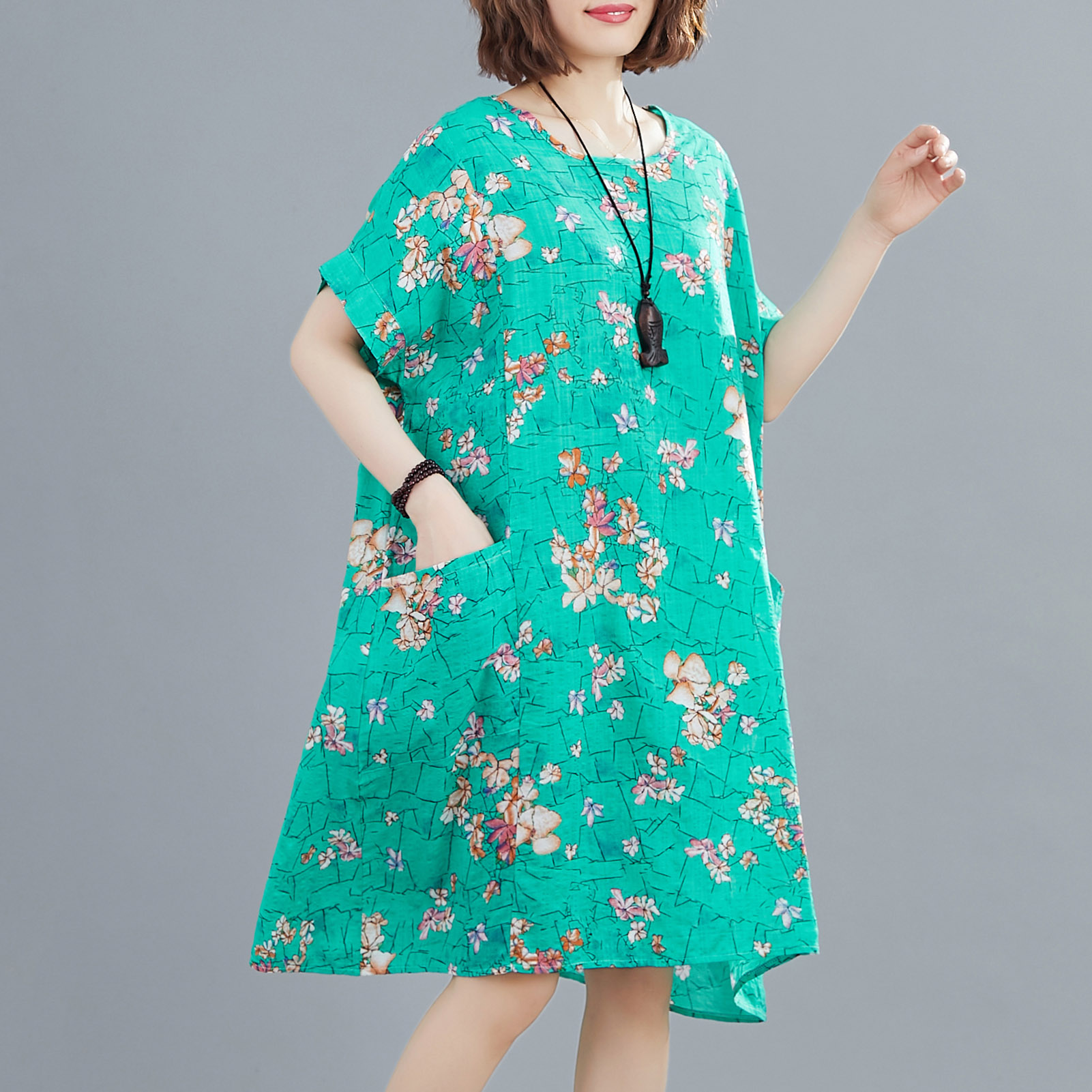 Women Loose Dress Vintage Floral Print Pockets Short Sleeve Oversized Holiday Boho Casual Shift Dress