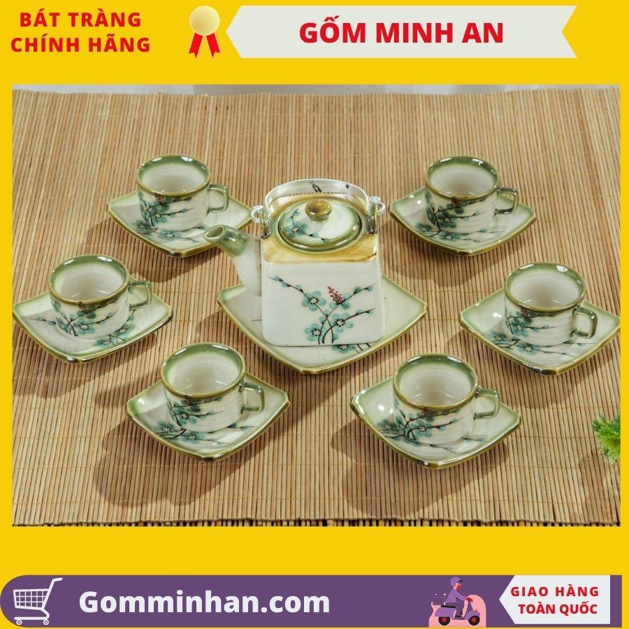 Bộ trà sứ Bộ ấm chén sứ bát tràng men tro cổ dáng ấm vuông gốm Minh An Bát Tràng dung tích 300ml
