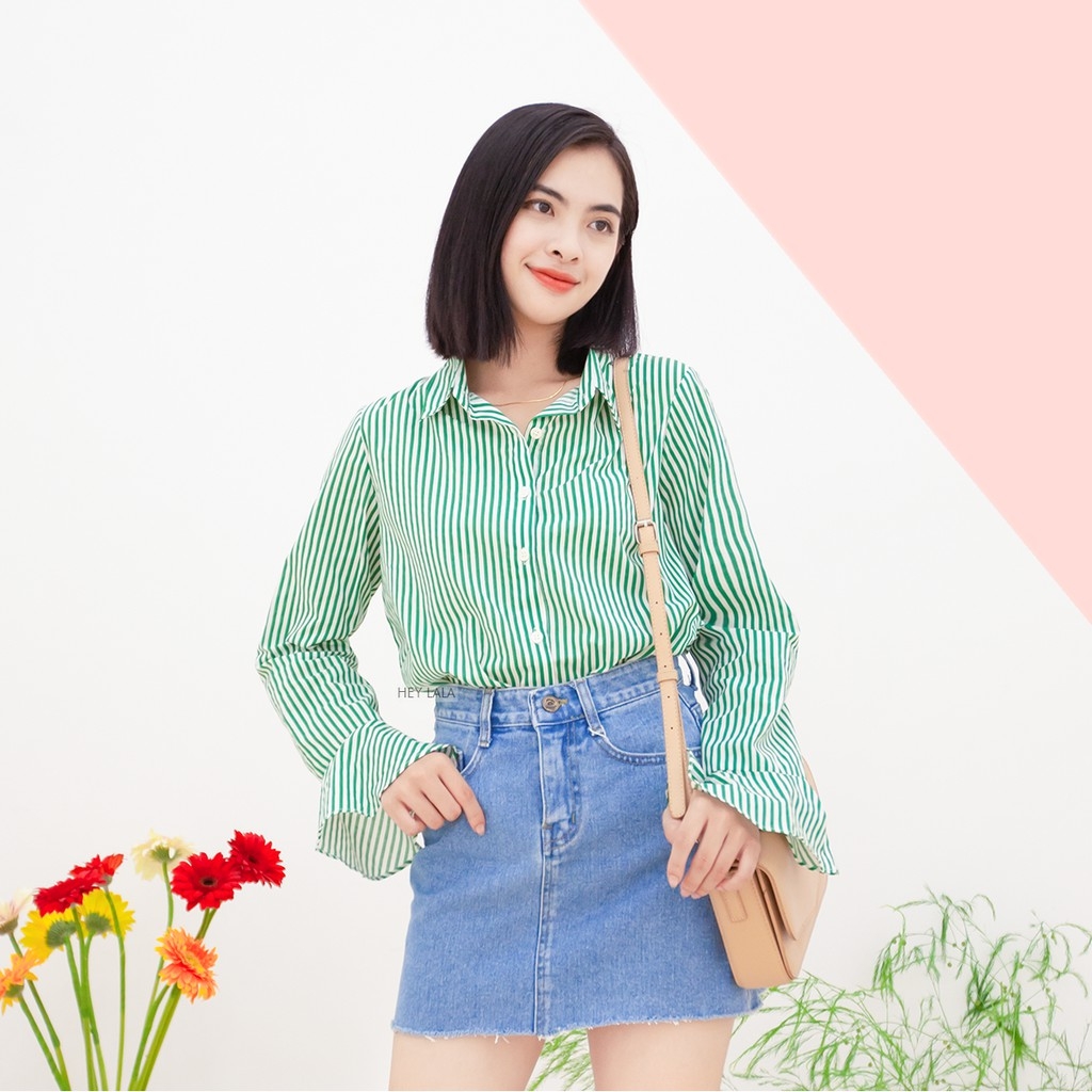 HEYLALA - Áo sơ mi sọc xanh nữ