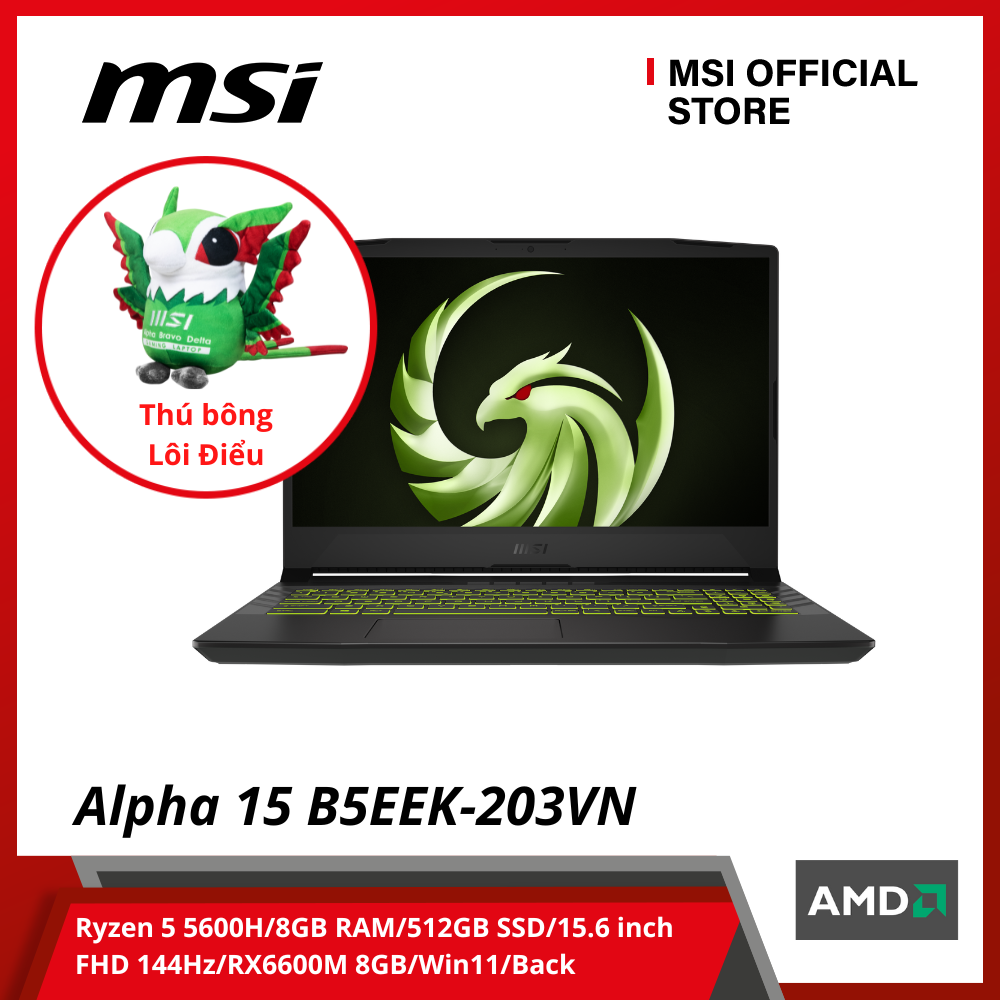 Laptop MSI Gaming Alpha 15 B5EEK-203VN (Ryzen 5 5600H/8GB RAM/512GB SSD/15.6 inch FHD 144Hz/RX6600M 8GB/Win11/Black) - Hàng Chính Hãng