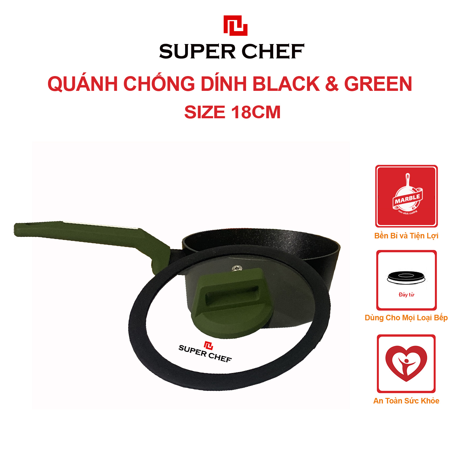 Quánh nắp kính SUPER CHEF black & green hợp kim chống dính đáy từ