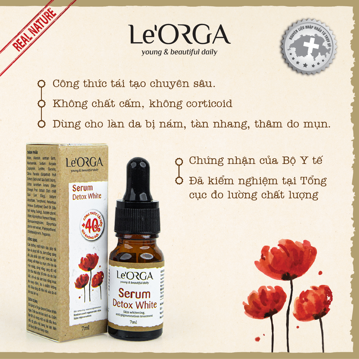 Serum Trắng Da Mờ Nám Le'Orga - Detox White Tinh Chất Trẻ Hóa Da Tăng Độ Ẩm Huyết Thanh Giảm Lão Hóa 7ml