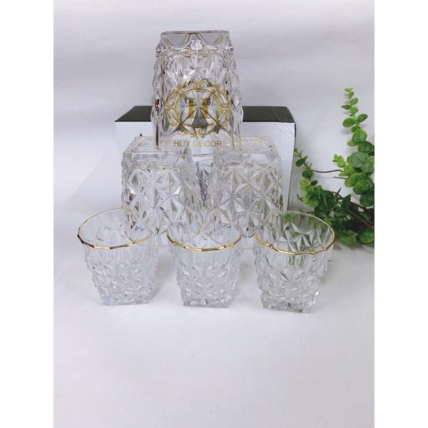 Cốc thuỷ tinh đế vuông vân nổi cao cấp Huydecor bộ 6 chiếc