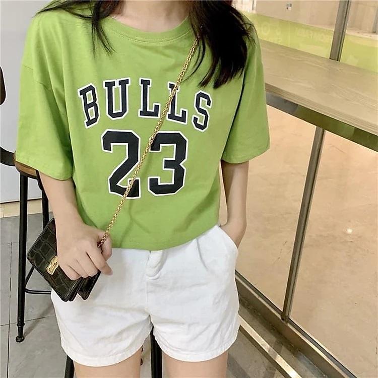 Áo Croptop nữ form rộng in số 23 chất thun dày dặn, Áo thun nữ kiểu Croptop form rộng tay lỡ siêu xinh