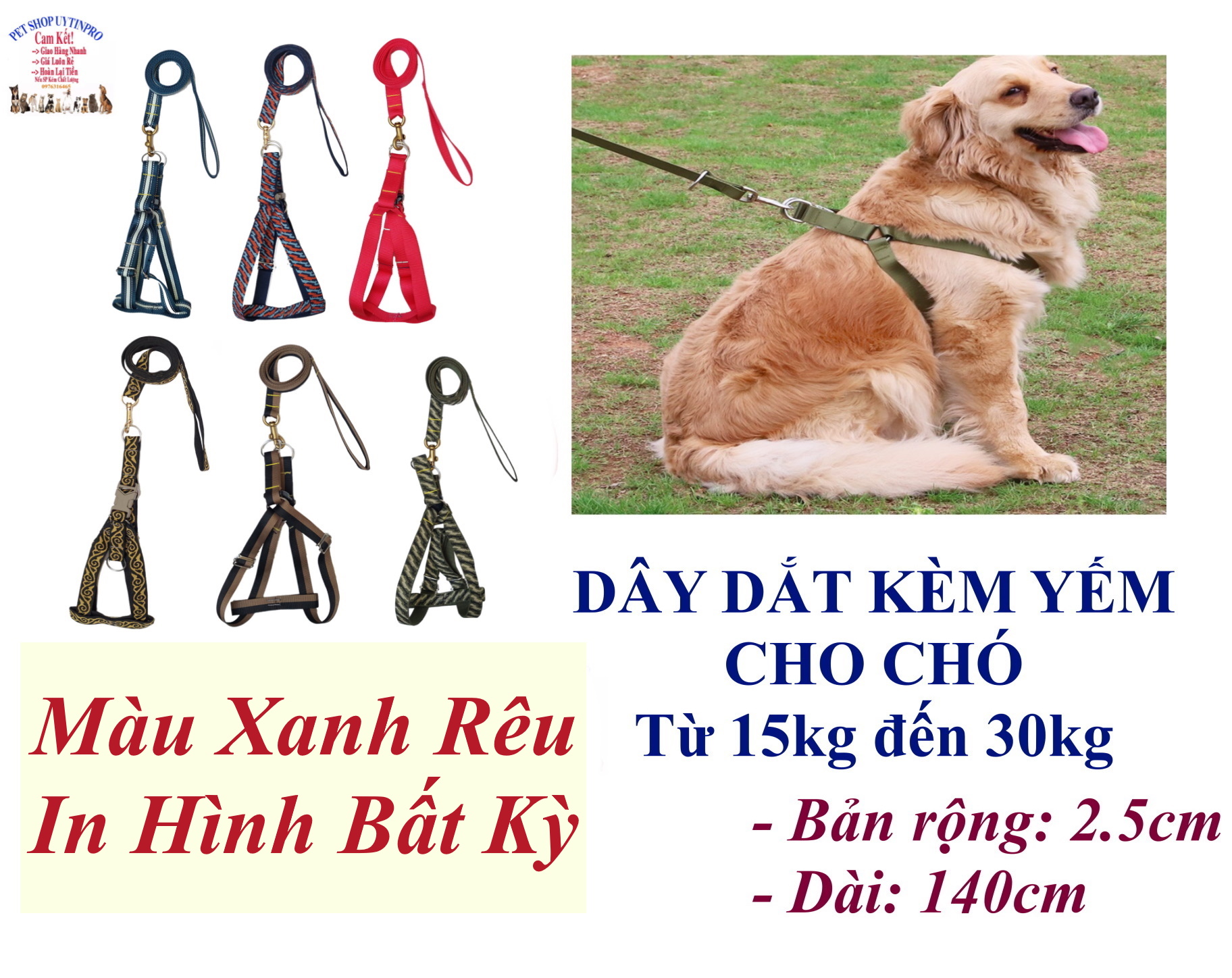 Dây dắt kèm yếm cho Chó Mèo từ 15kg đến 30kg Bản rộng 2.5cm Dài 140cm Chất liệu dù cao cấp, chắc chắn, An toàn