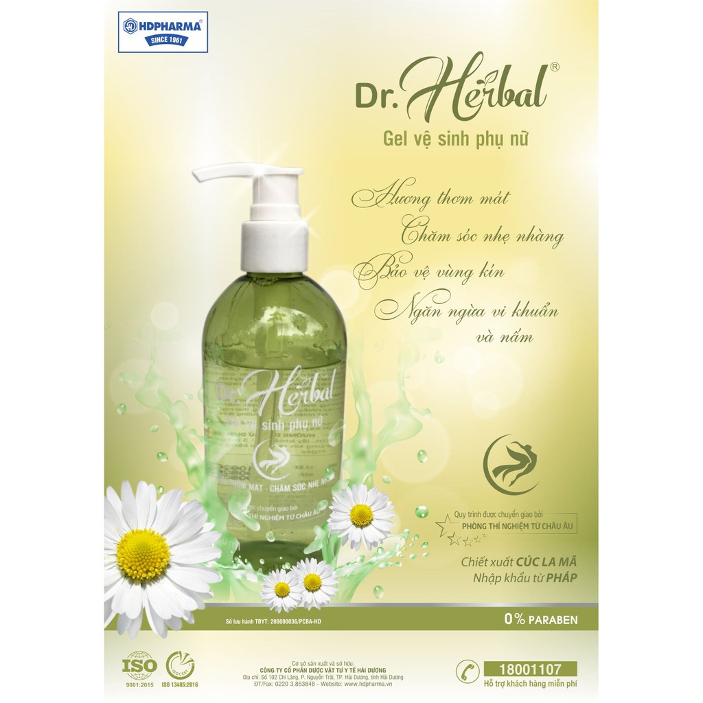 Gel Vệ Sinh Phụ Nữ Dr.Herbal - HDPHARMA - 0% Paraben, Chiết Xuất Từ Cúc La Mã Nhập Khẩu (250 ml)