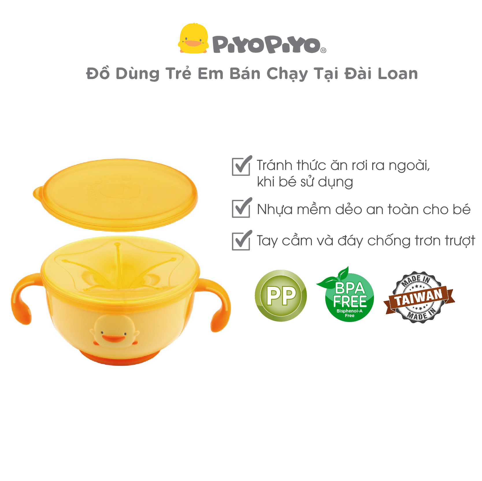 Chén đựng bánh ăn dặm chống đổ có quai cầm cho bé Piyo Piyo màu vàng - PY630118