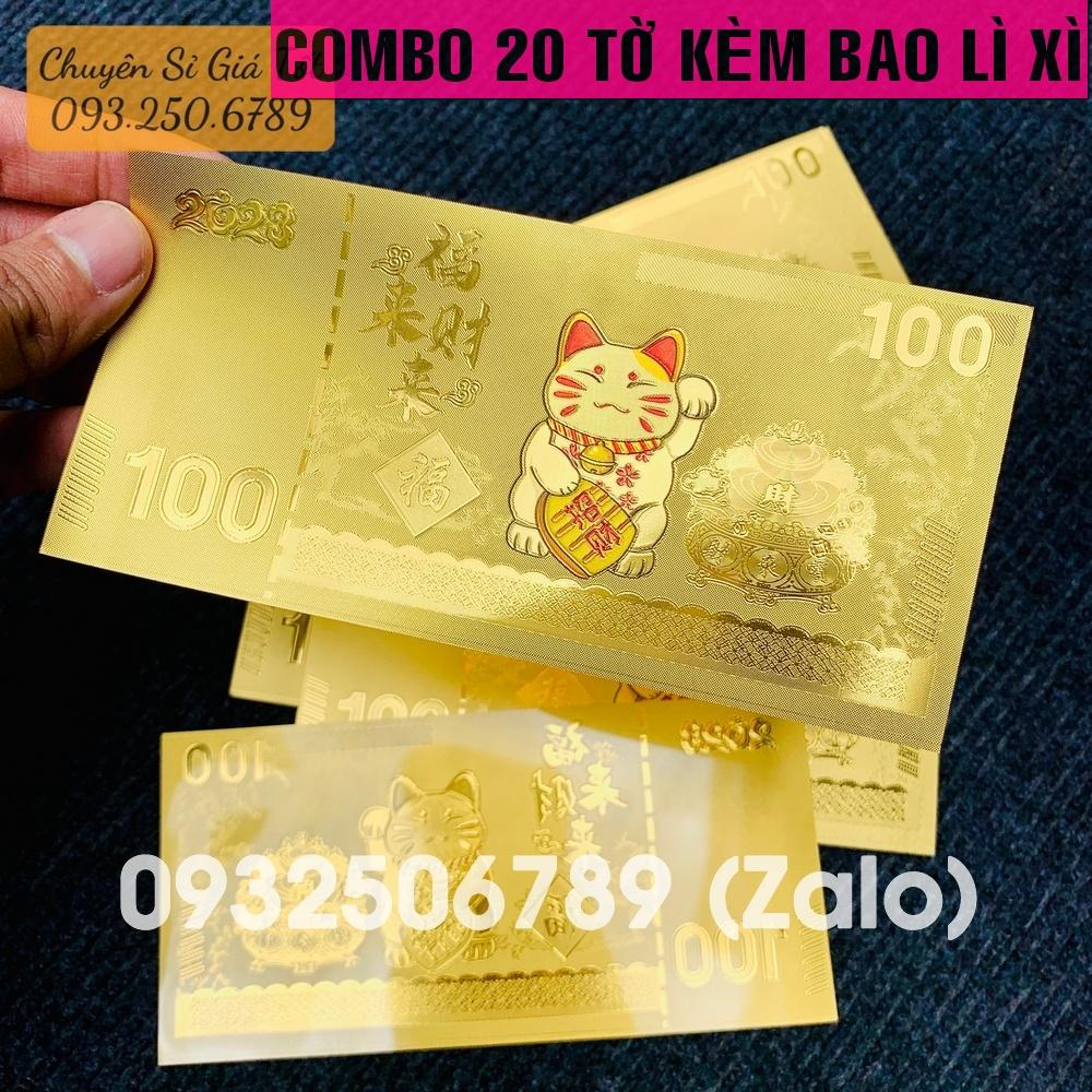 COMBO 20 _ Tờ Tiền Macao 100 In Hình Con Mèo Plastics Vàng - Quà tặng ý nghĩa Tết - MẪU 1