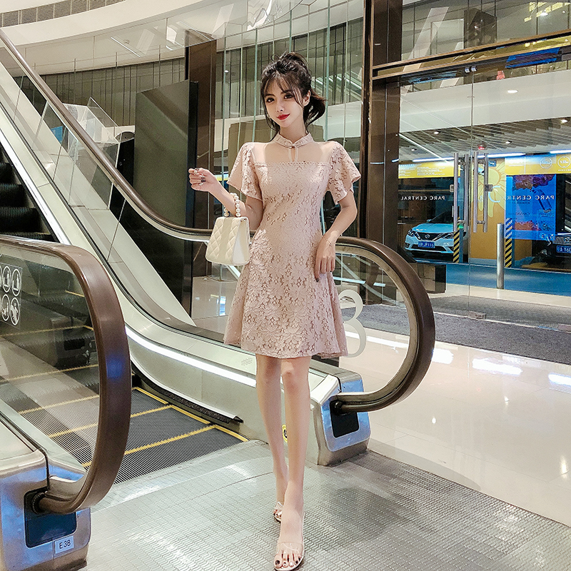 Hàng Quảng Châu - Đầm xòe ren hoa cổ tàu màu hồng siêu dễ thương - d66191