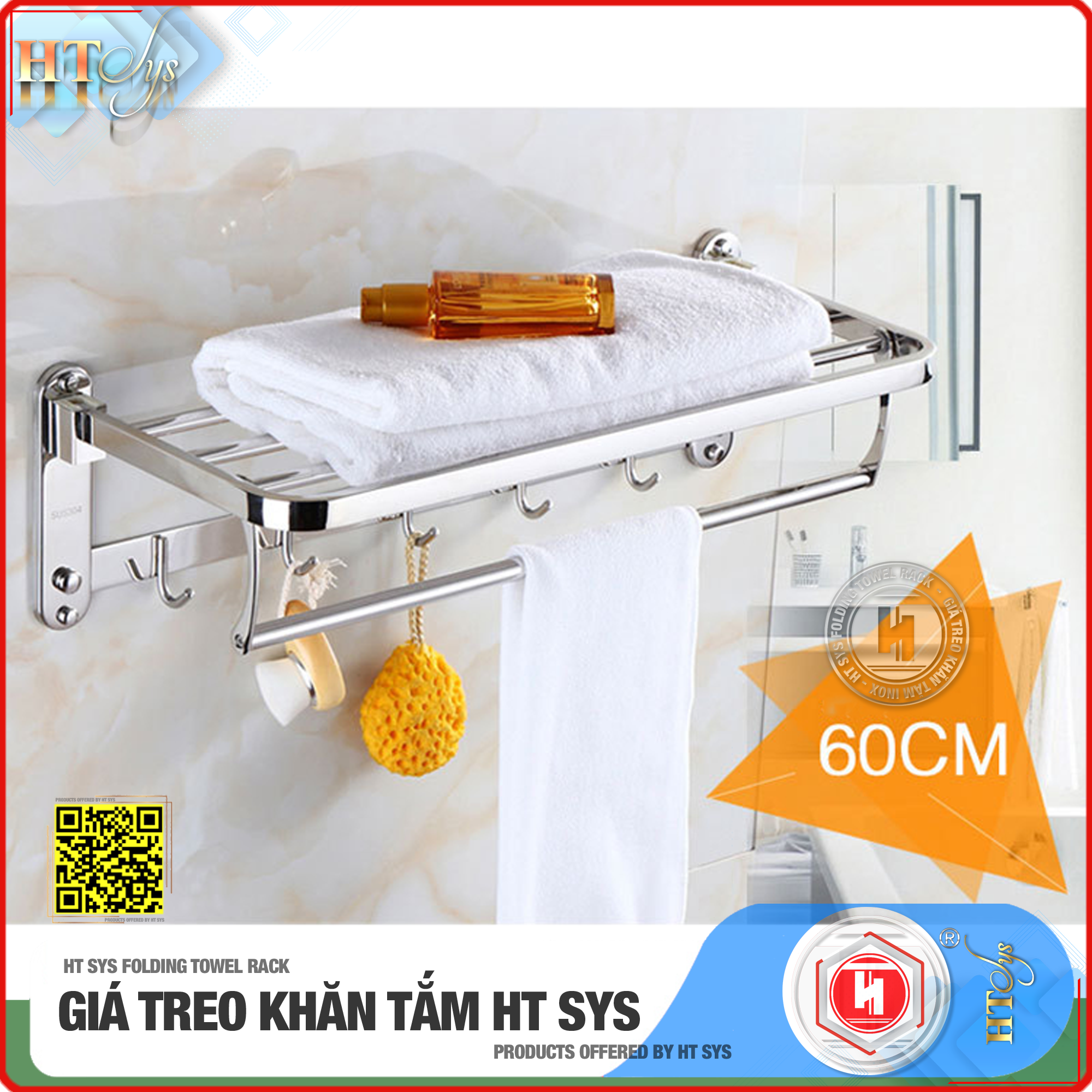 Kệ Nhà Tắm Inox 304 Cao Cấp HT SYS -  Tích Hợp Móc Treo Đồ, Giá Treo Khăn Tắm, Vắt Khăn Tắm - Chất Liệu Inox 304 Cao Cấp -Hàng Chính Hãng