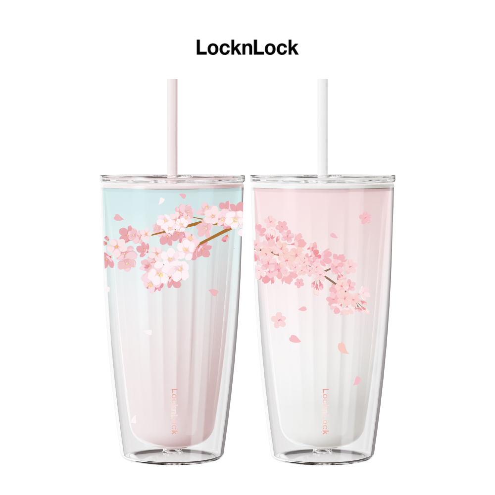 Ly nhựa 2 lớp Cherry Blossom Double wall Cold Cup LocknLock HAP522 - Kèm ống hút - Dung tích 750ml