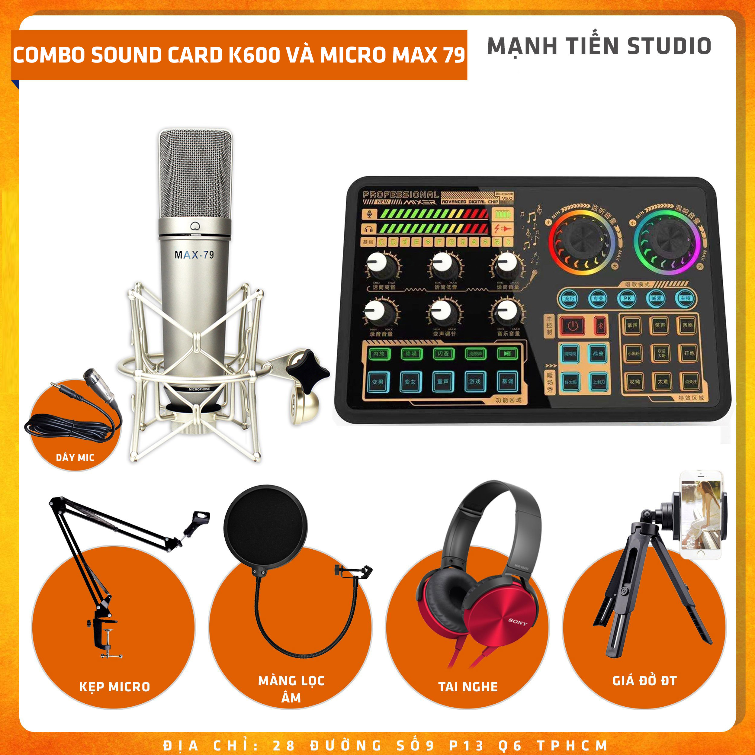 Bộ Combo Livestream Micro Max 79 + Sound Card K600 - Kèm Full Phụ Kiện Kẹp Micro, Màng Lọc, Tai Nghe Chụp Tai, Giá Đỡ Đt - Thu Âm, Livestream, Karaoke Online Chuyên Nghiệp Trên Cả Điện Thoại Lẫn Máy Tính - Hàng nhập khẩu