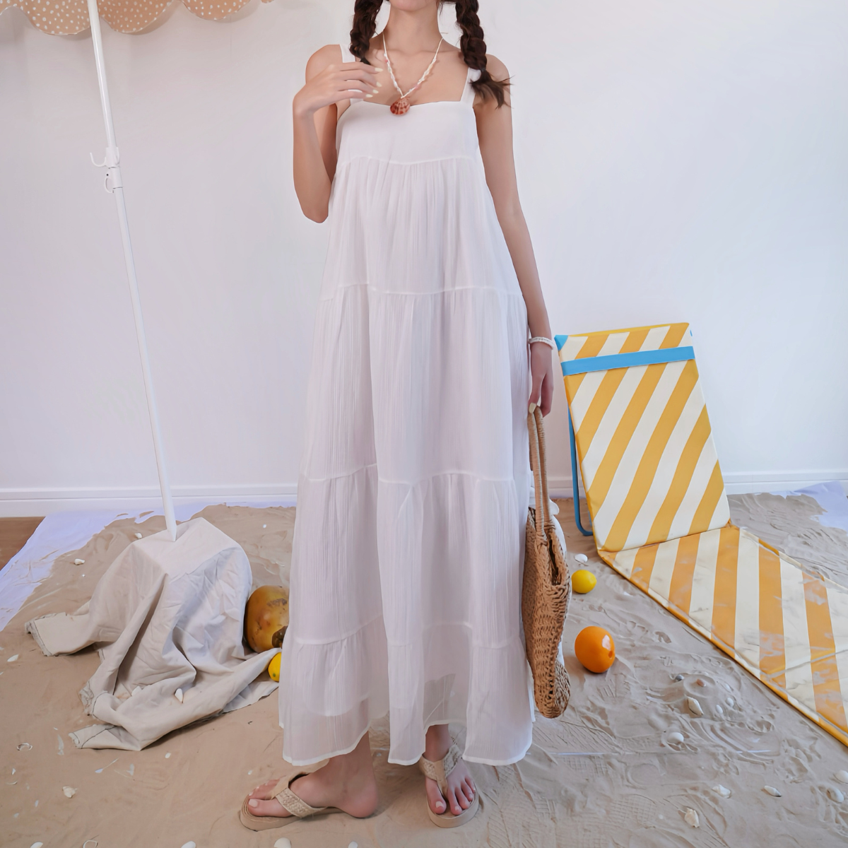 Đầm maxi nữ 2 dây dáng xòe tầng vải tơ phong cách tiểu thư đi biển Joyce Miều Est.2013