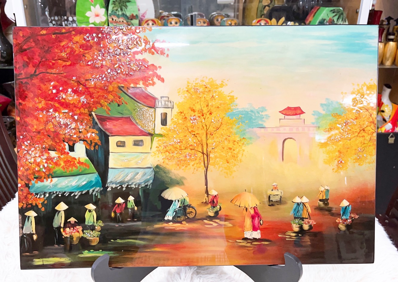 Tranh sơn mài phố cổ vẽ màu cẩn trứng đẹp Thanh Bình Lê, hàng xuất khẩu 40x60 cm