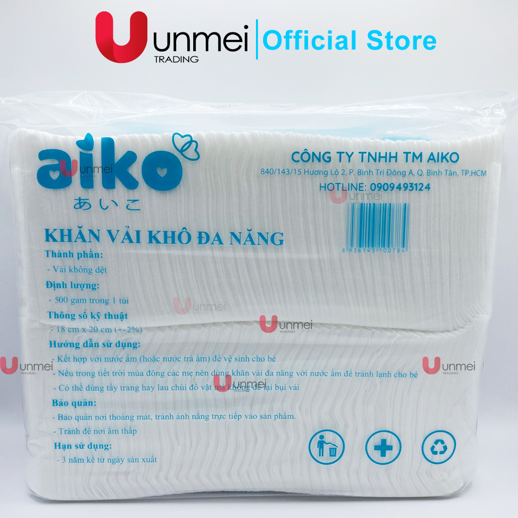 Khăn vải khô đa năng Aiko bịch lớn thêm miếng tiện lợi an toàn cho bé sơ sinh (500gr/ bịch) KKT500