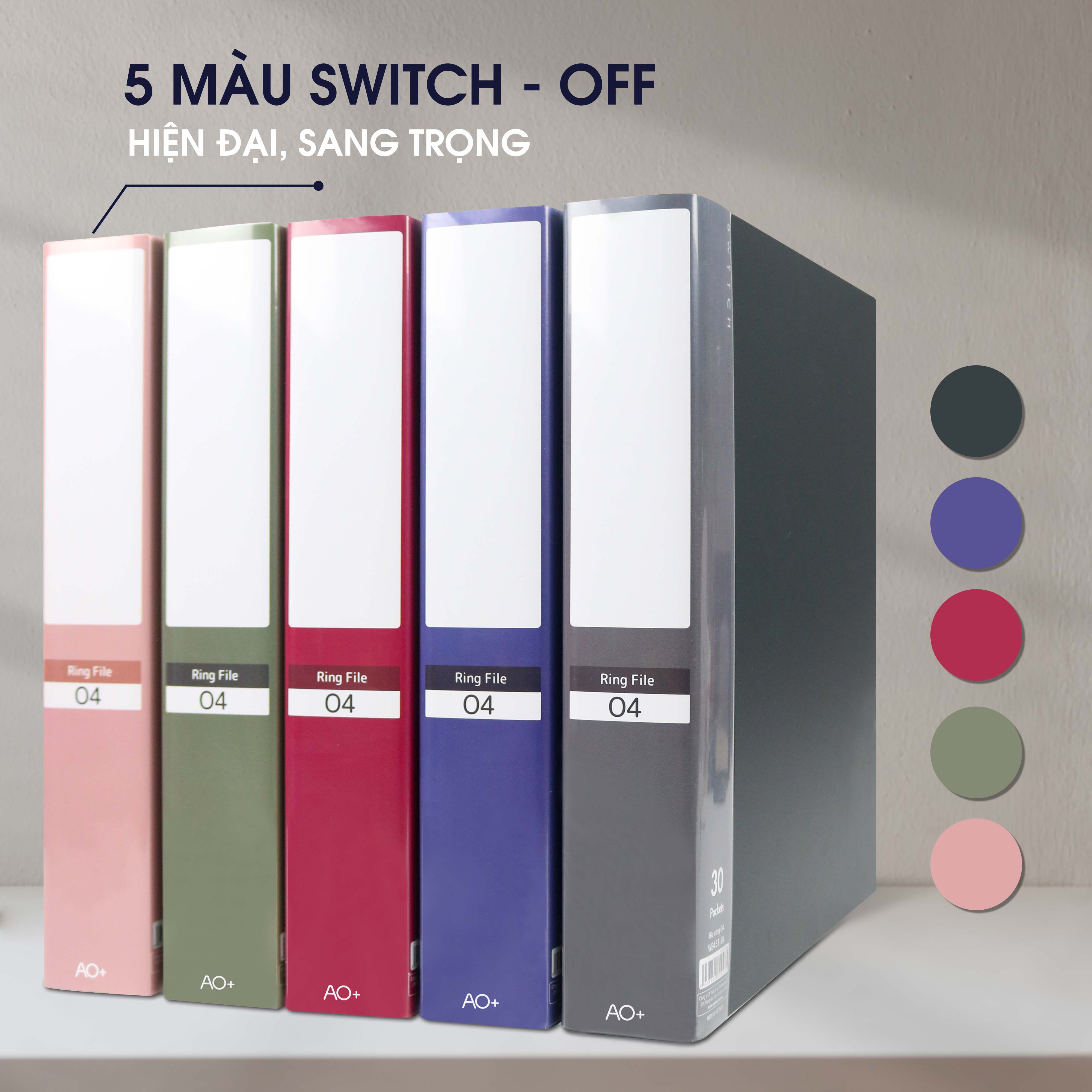 Bìa Còng O4 Switch OFF AO+, Nhựa PP/ A4, 4 Nhẫn O, Kèm Bộ Phân Trang và Túi Sơ Mi Lỗ, (25/35/50 mm)