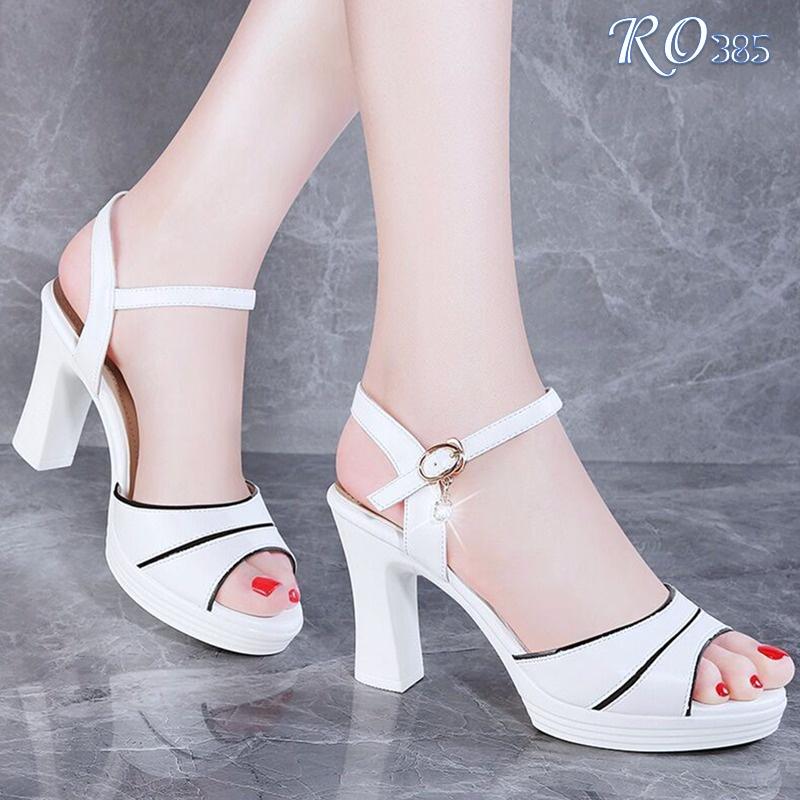 Sandal cao gót nữ, da lì cao cấp ROSATA RO385 cao 8p - Trắng - HÀNG VIỆT NAM - BKSTORE