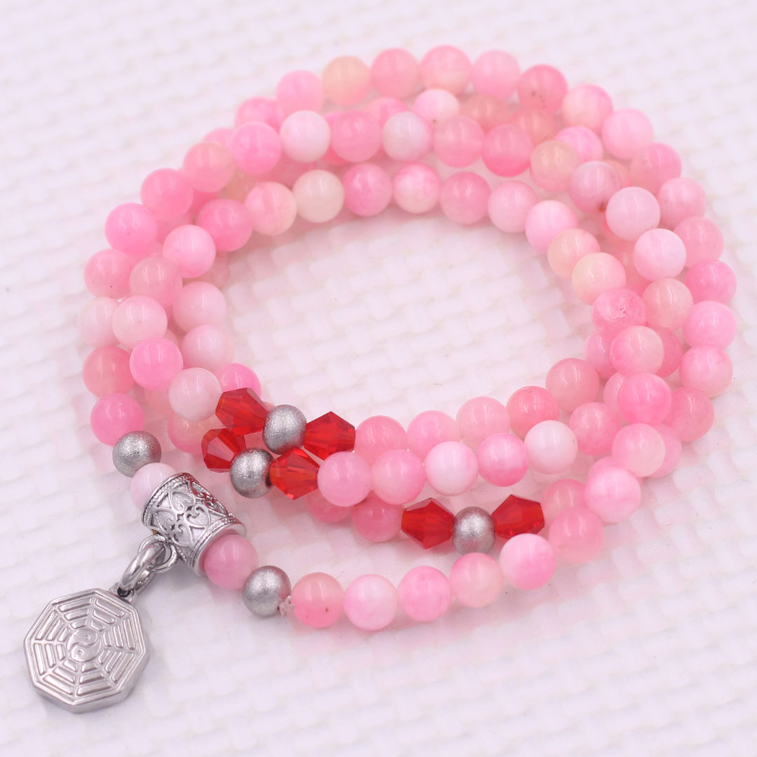 Vòng chuỗi 108 hạt đá ngọc tủy hồng 6 ly charm bát quái inox - vòng chuỗi niệm Phật, vòng tay chuỗi hạt