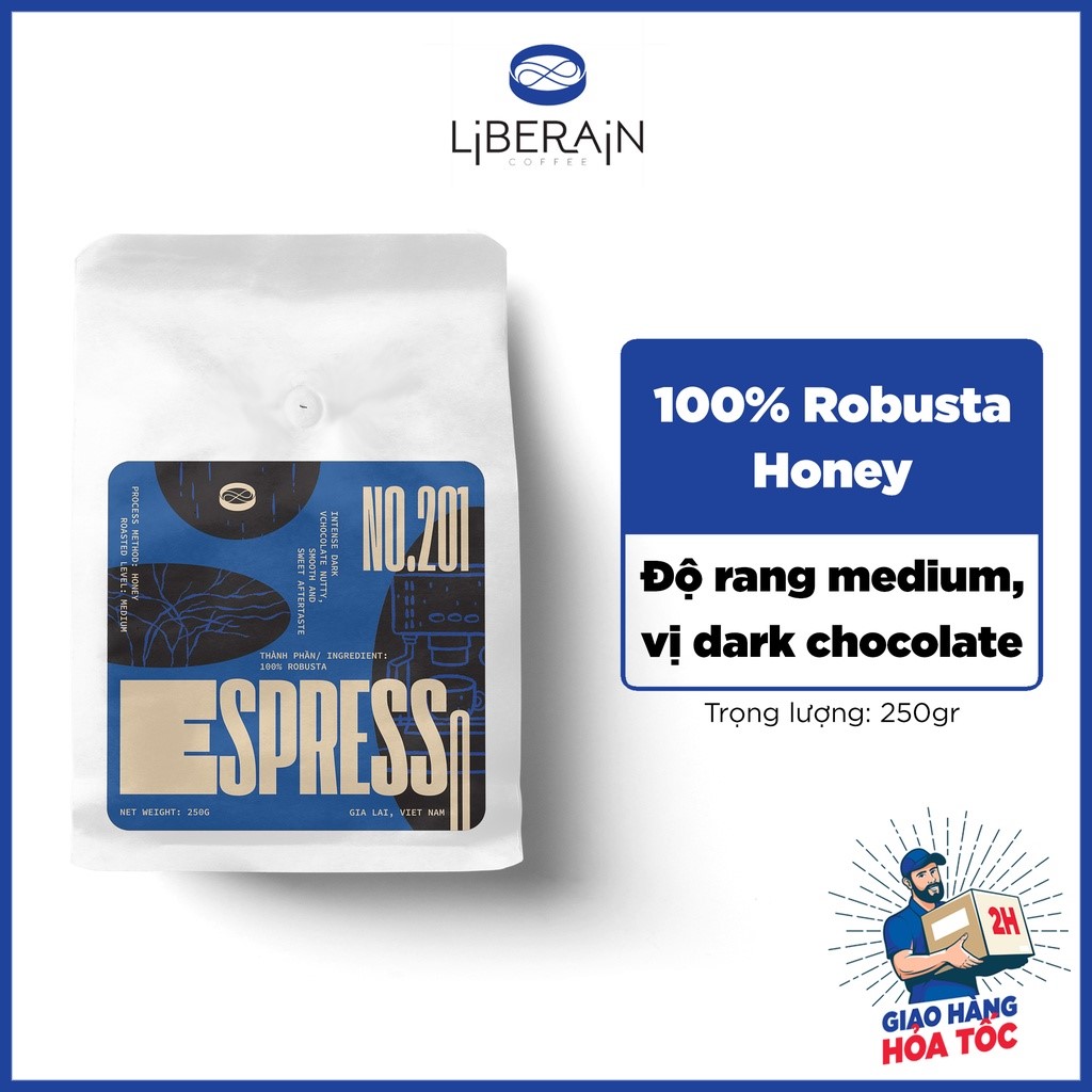 Cà phê pha máy espresso Liberain 201 - 250gr - Gu vị truyền thống, đắng đậm mạnh - Cà phê nguyên chất, rang mộc