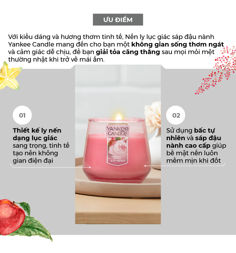 Nến Ly Lục Giác Sáp Đậu Nành 284gram từ Yankee Candle - Fresh Cut Roses