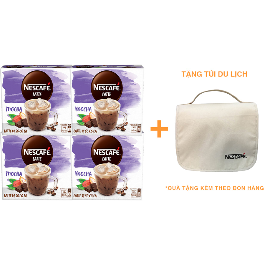 Combo 4 hộp cà phê hòa tan Nescafé Latte vị sô cô la (Hộp 10 gói x 24g) [Tặng túi du lịch - màu ngẫu nhiên]