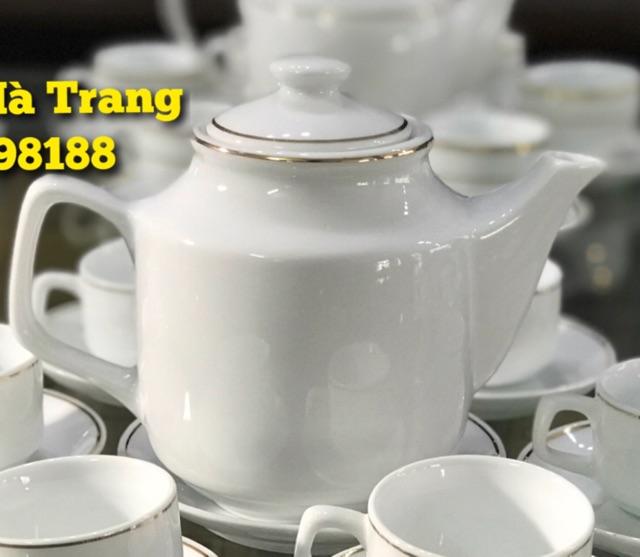 Bộ ấm chén Bát Tràng cao cấp Men trắng kẻ chỉ vàng kim