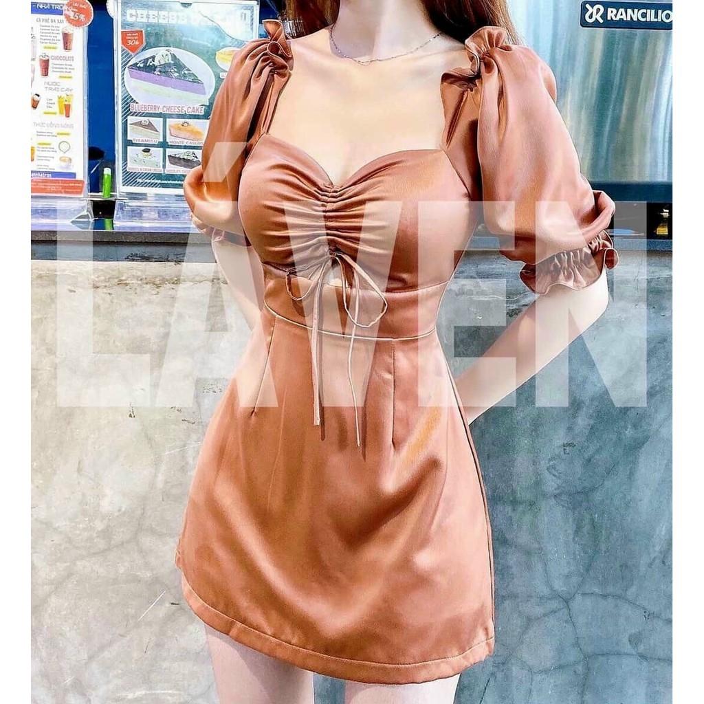 Đầm body cổ vuông tay phồng rút dây ngực sexy sang chảnh