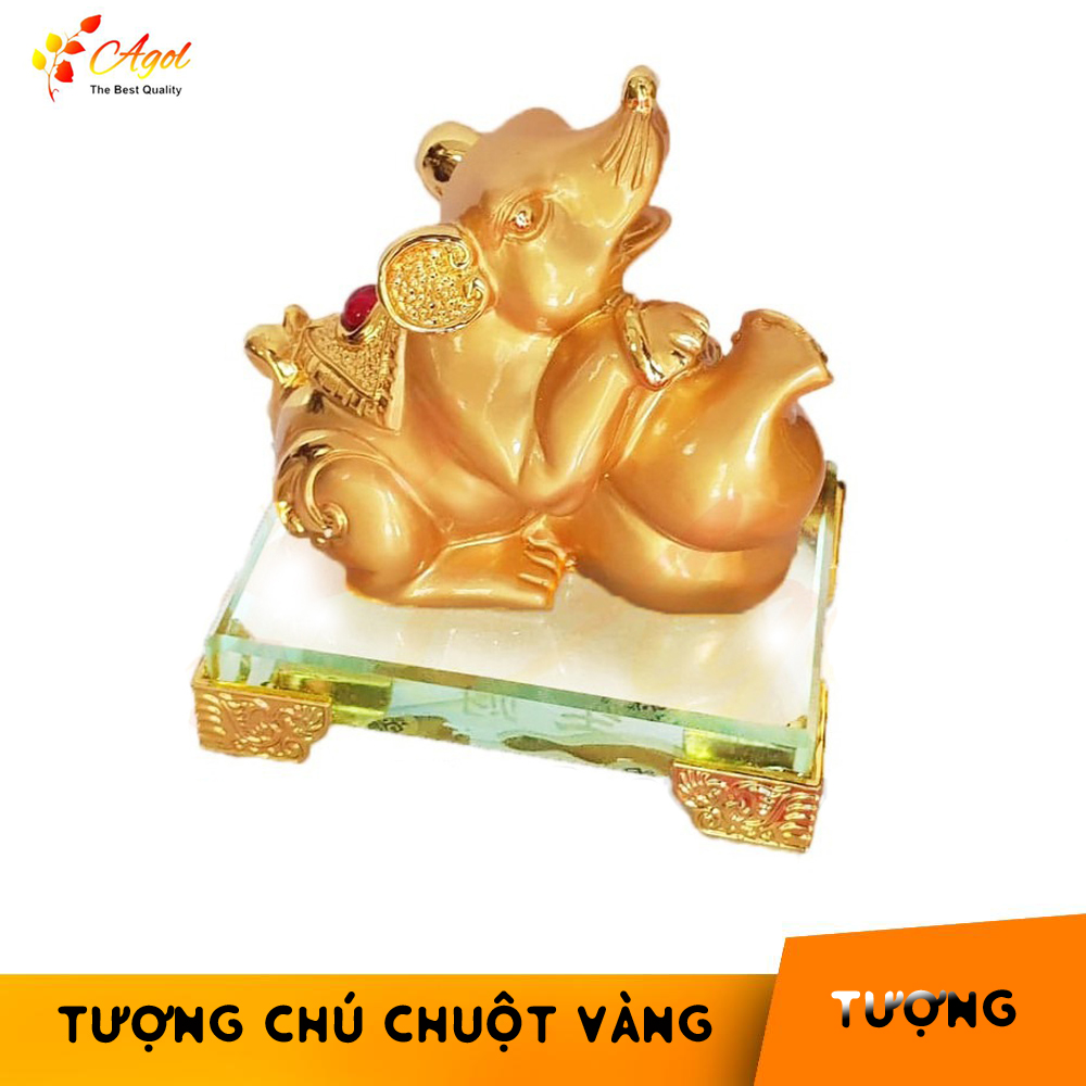 TƯỢNG CHÚ CHUỘT VÀNG ĐẾ KÍNH THỦY TINH - Tượng Kim Tý Chiêu Tài