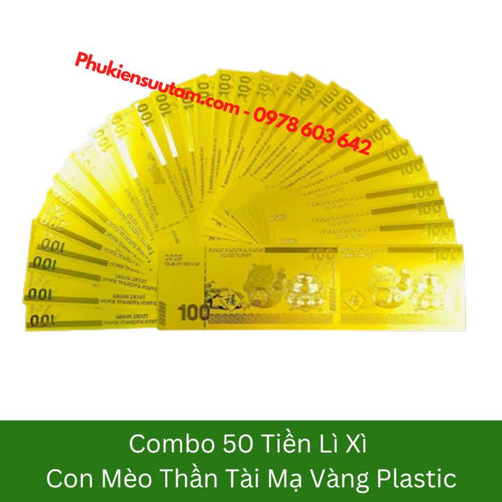 Combo 50 Tờ Lì Xì Con Mèo Thần Tài Mạ Vàng Plastic, kích thước: 15.5cmx7.5cm, màu vàng - SP005908