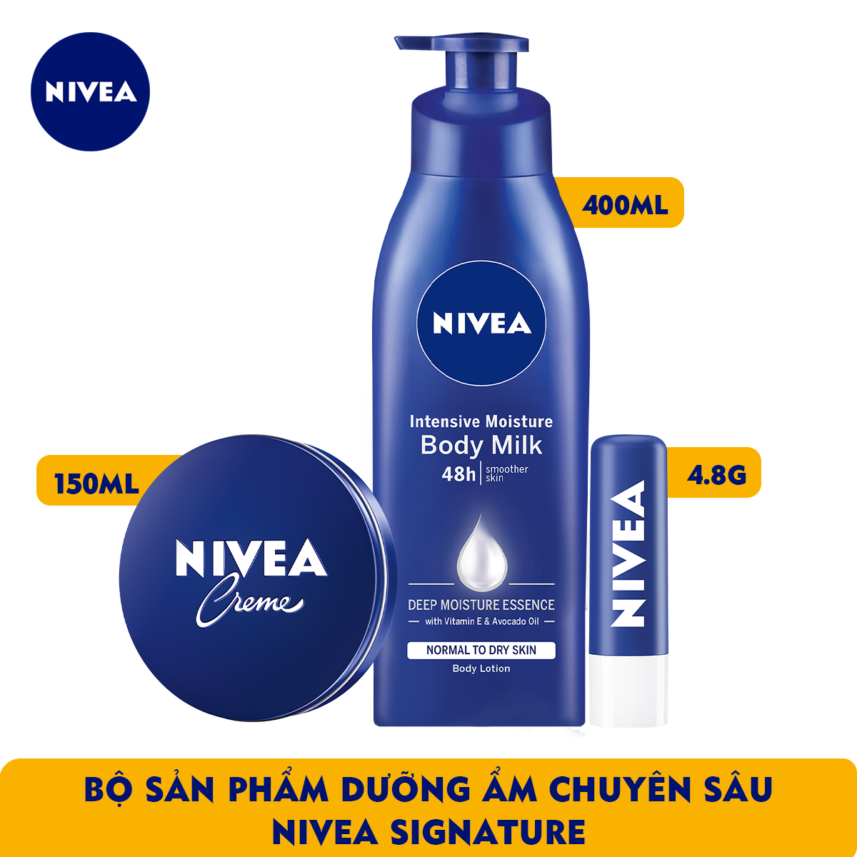 Bộ Sản Phẩm Dưỡng Ẩm Chuyên Sâu và Phục Hồi Da Khô NIVEA Signature (Sữa Dưỡng Thể 400ml - 80204 &amp; Kem Dưỡng Ẩm Dịu Nhẹ mọi loại da 150ml - 80104 &amp; Son Dưỡng Môi Original Care 4.8g - 85061)