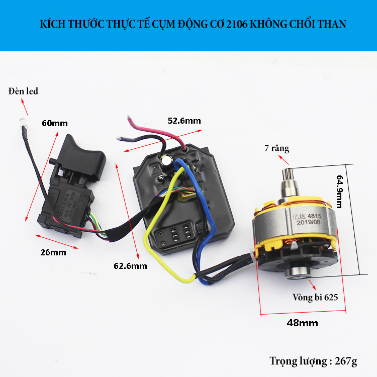 Mô tơ không chổi than 2106/169 điện áp 21V sử dụng cho máy bắn bulong dùng pin, công suất 300W chức năng đảo chiều