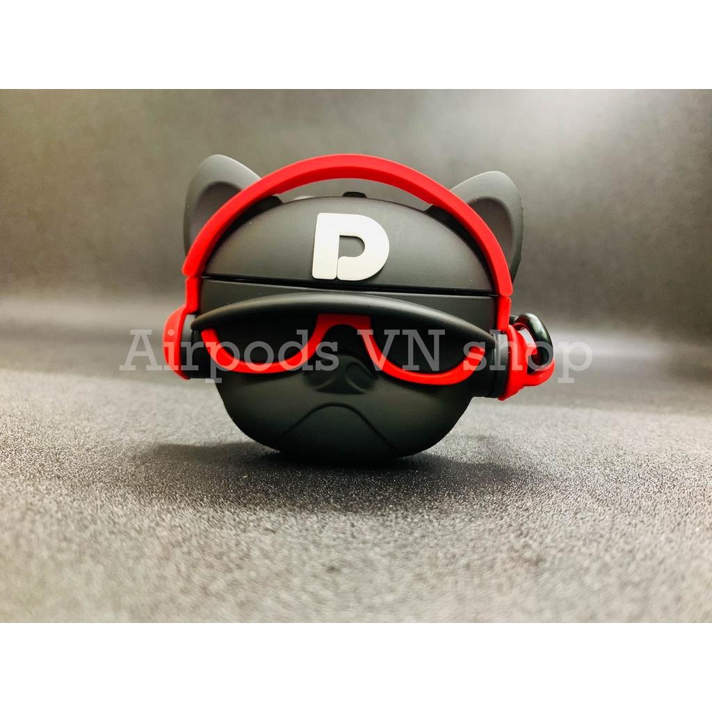 Bao Case Ốp dành cho Airpods 1/2 & Airpods Pro bulldog mang headphone đỏ silicon 3D cao cấp