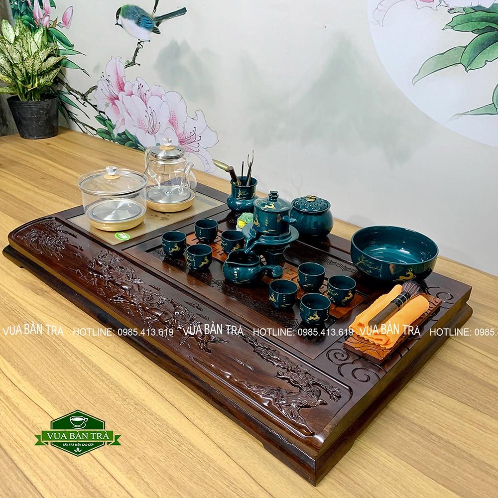Bộ Bàn Trà Điện Phù Điêu Mã Đáo Thành Công Chất Liệu Gỗ Mun
