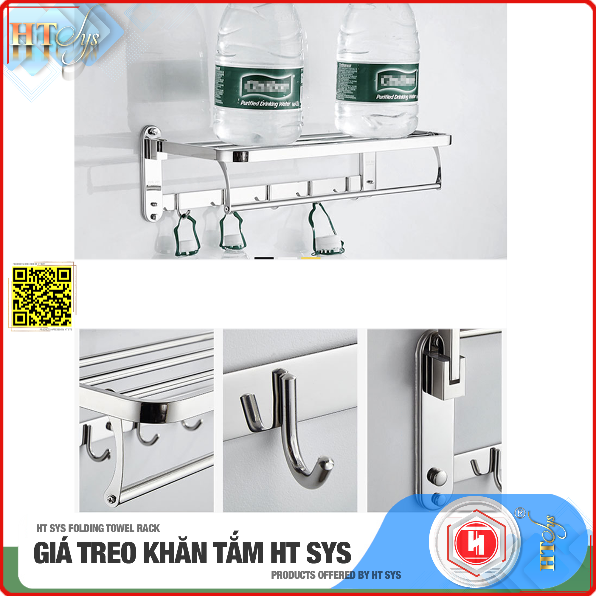 Kệ nhà tắm inox 304 cao cấp HT SYS - HTGT02 - Tích hợp giá treo khăn tắm, vắt khăn tắm, móc treo đồ -Hàng Chính Hãng