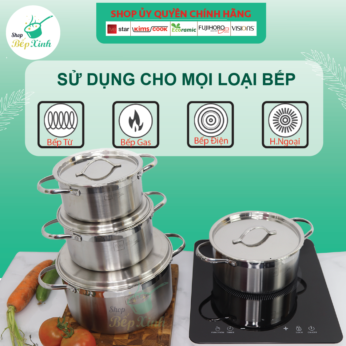 Bộ nồi inox bếp từ Fivestar 3 lớp đáy liền inox 304 nắp inox - tặng 1 vá canh