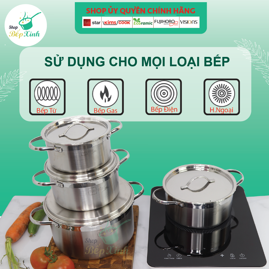 Bộ nồi 3 lớp đáy liền inox 304 bếp từ cao cấp Fivestar Plus nắp inox tặng 1 chảo chống dính vân đá Fivestar 22cm
