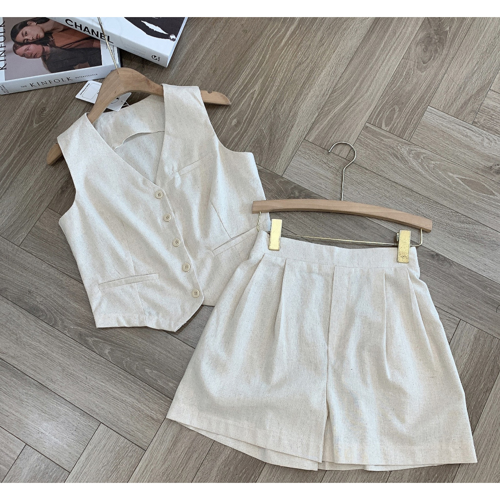 Set linen áo gile vạt nhọn và quần đùi lưng cao chất đẹp, tiểu thư nhẹ nhàng bv01