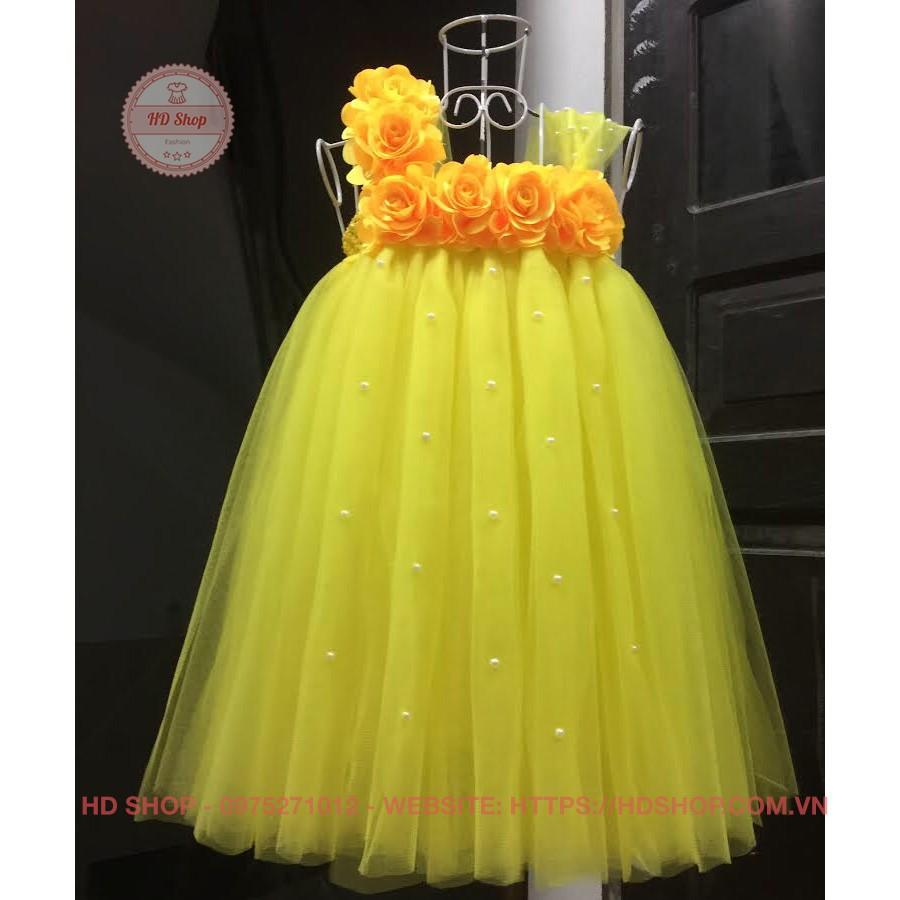 Đầm công chúa cho bé ️️ Đầm công chúa vàng hoa hồng 6 bông đính đá