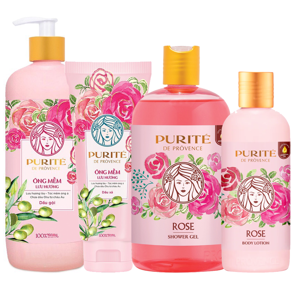 Combo Tắm Gội và Dưỡng da Purite De Provence Hoa Anh Đào và Hoa Hồng