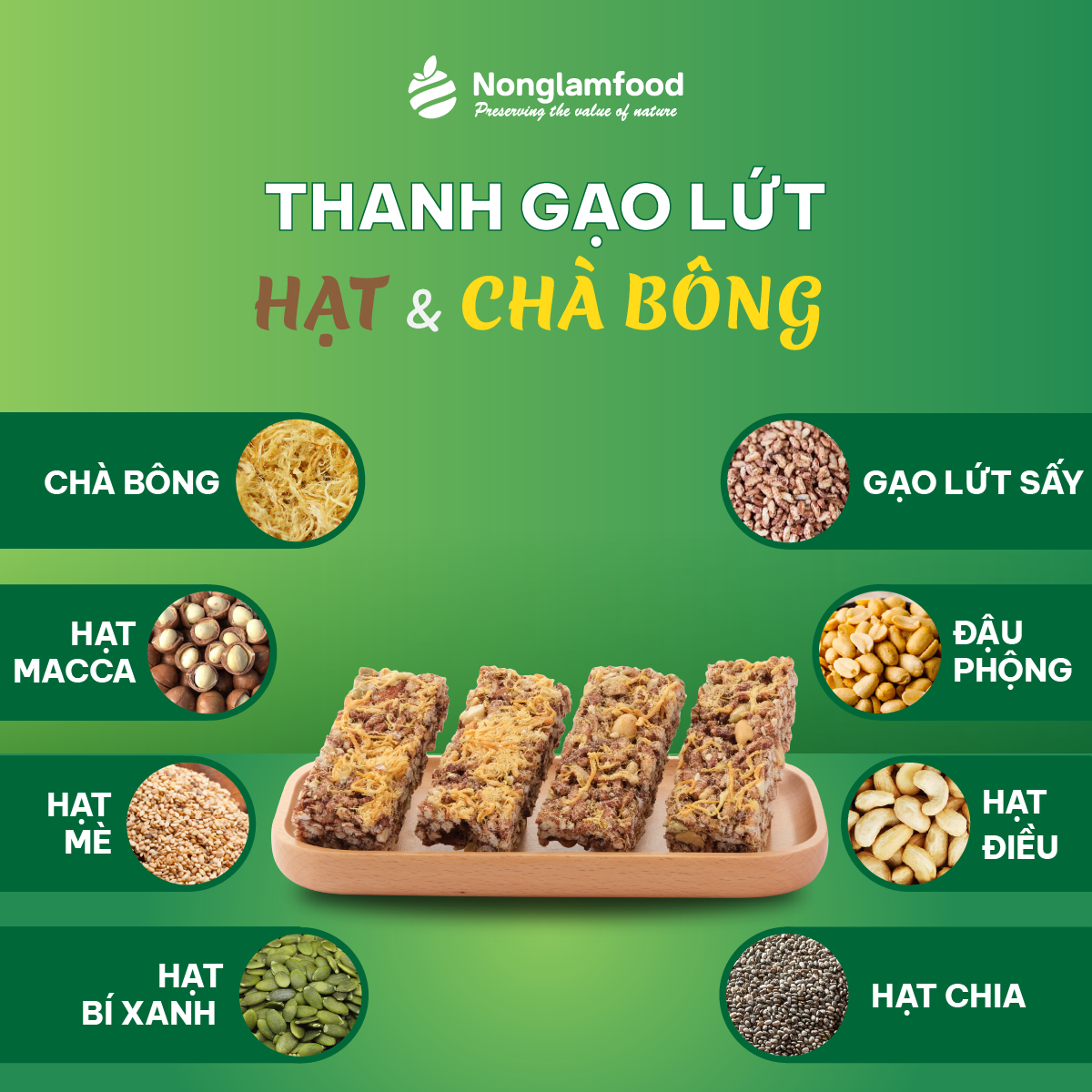 Thanh gạo lứt ngũ cốc hạt và chà bông, rong biển, trái cây, Nonglamfood 17g | Hỗ trợ giảm cân ăn kiêng | Ăn chay thực dưỡng