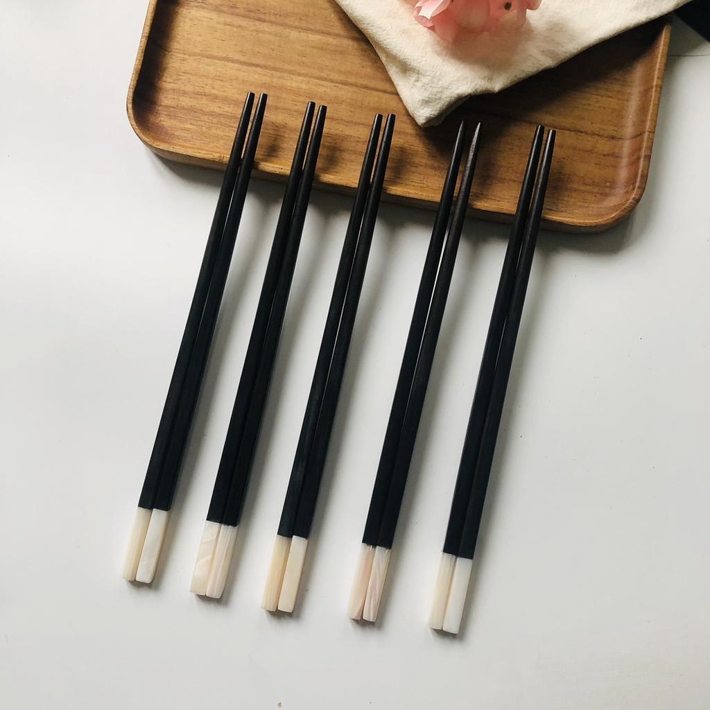 Đũa Gỗ Mun Cán Khảm Trai Trắng 25cm, Đũa Gỗ Ăn Cơm, Phụ Kiện Bàn Tiệc, Chụp Ảnh Trang Trí