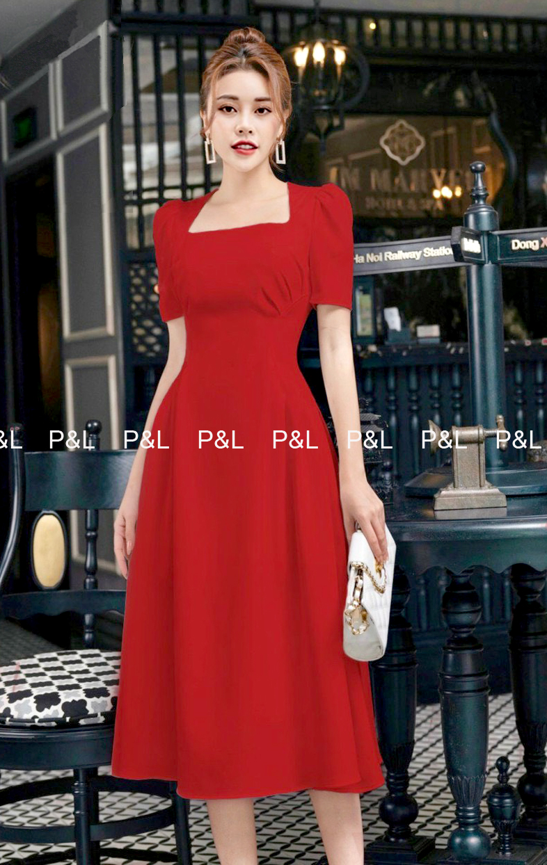 Đầm Xòe Cổ Lục Giác Xếp Ly Ngực