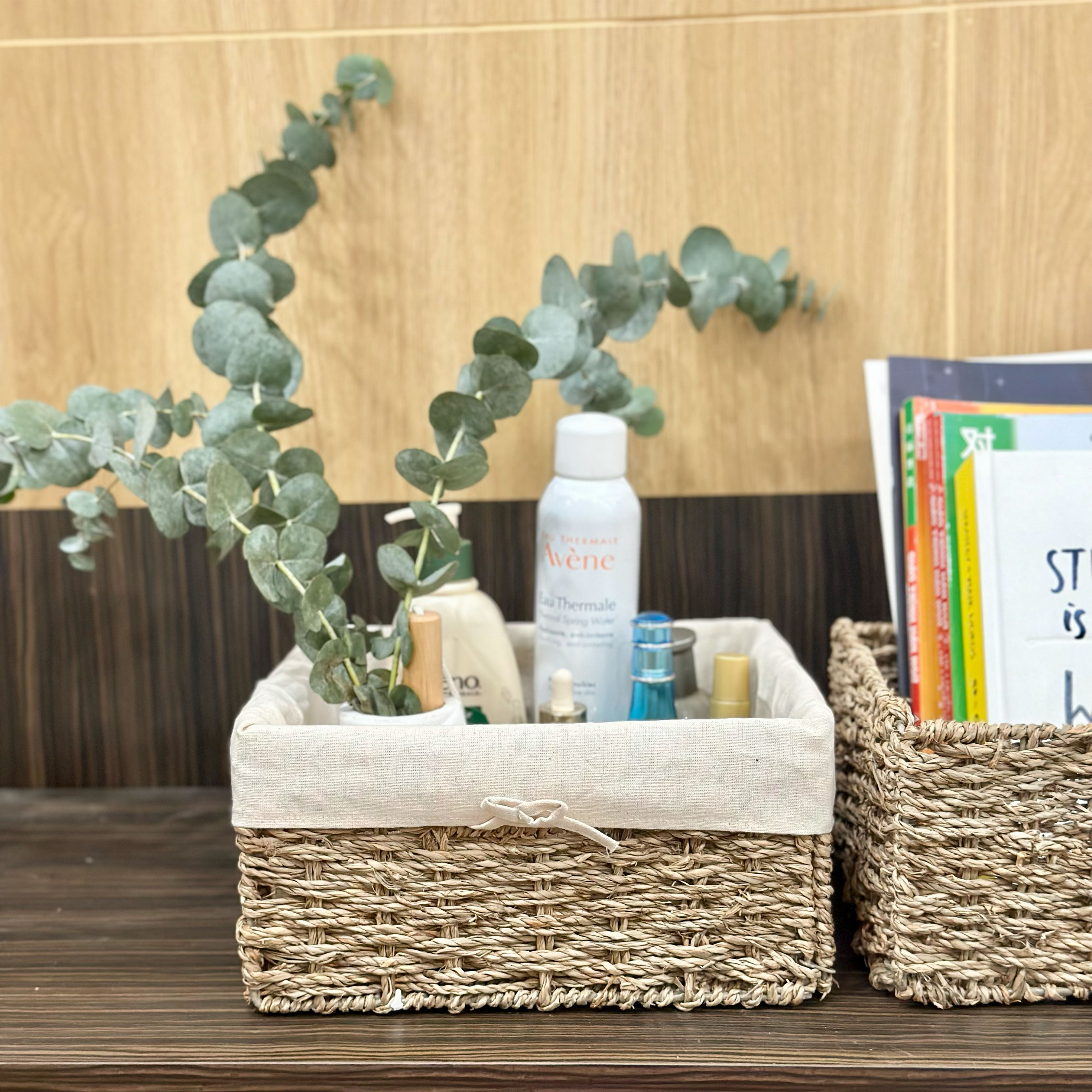 Giỏ cói có vải hình vuông URSPACE đựng mỹ phẩm, sách báo, trang trí decor