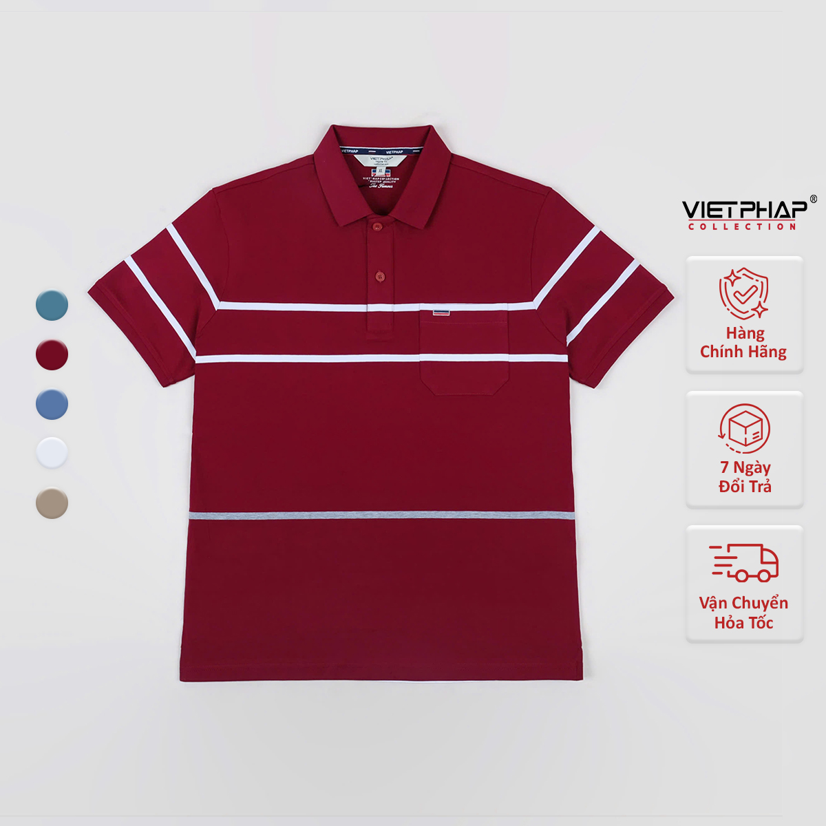 Áo Polo Nam VIỆT PHÁP Form Luxury - Thun 4 Chiều Sọc Có Túi , lịch lãm, sang trọng 2226