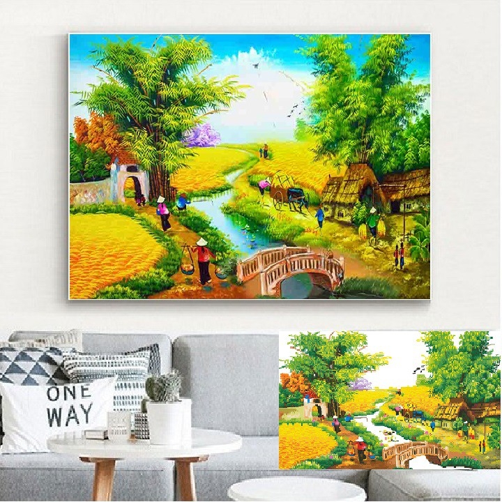 Tranh thêu chữ thập Cảnh Quê Mùa Lúa Chín (90x63cm) chưa thêu