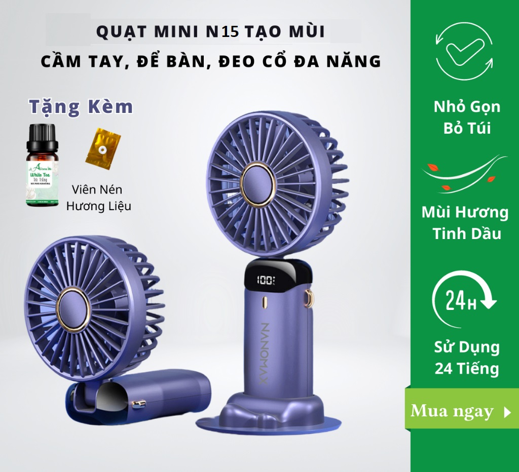 Quạt Mini Cầm Tay N15 Gấp Gọn Để Bàn, Đeo Cổ, Sử Dụng Liên Tục Lên Đến 24 Tiếng, Pin Lithium Lõi Kép