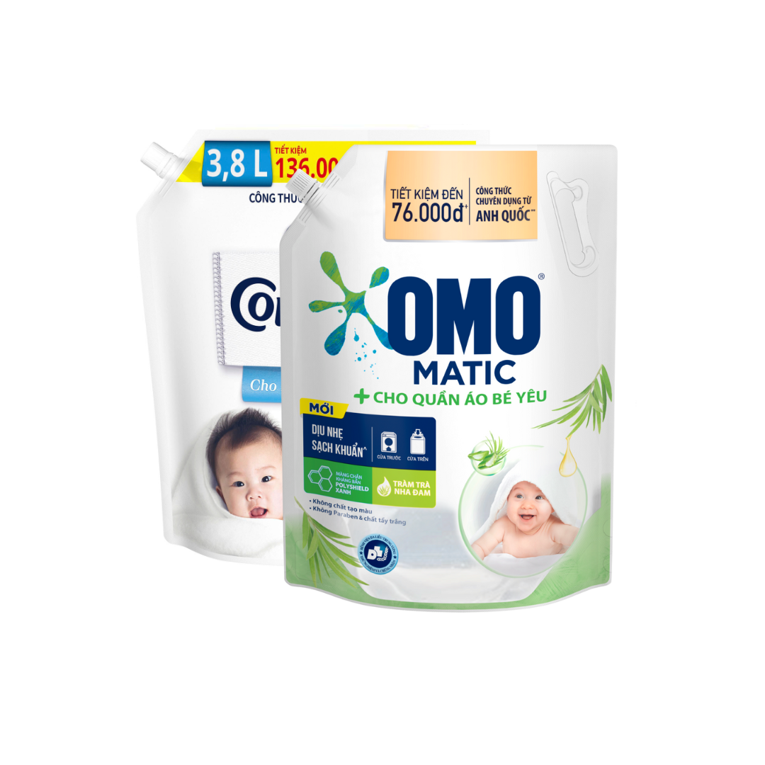 Combo Nước Giặt Omo Matic Cho Bé Yêu Chiết Xuất Tràm Trà Và Nha Đam 3.6Kg + Nước Comfort Chăm Sóc Dịu Nhẹ Cho Da Nhạy Cảm 3.8L