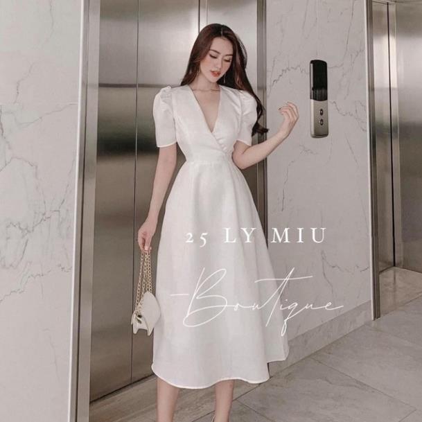 Đầm dự tiệc trắng xoè đắp chéo