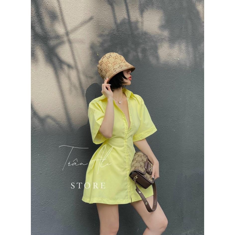 Sét áo sơ mi nữ xẻ tà tay ngắn phối quần đùi màu sắc tưới tắn màu sắc trẻ trung GKM