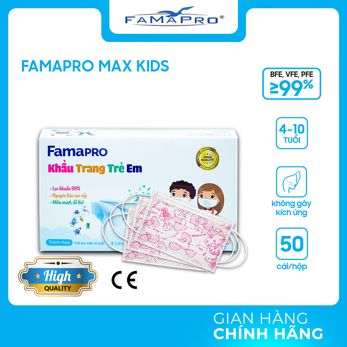 [FAMAPRO - KTYT MAX KID] Khẩu trang y tế trẻ em cao cấp 3 lớp kháng khuẩn Famapro Max Kid (50 cái/hộp)